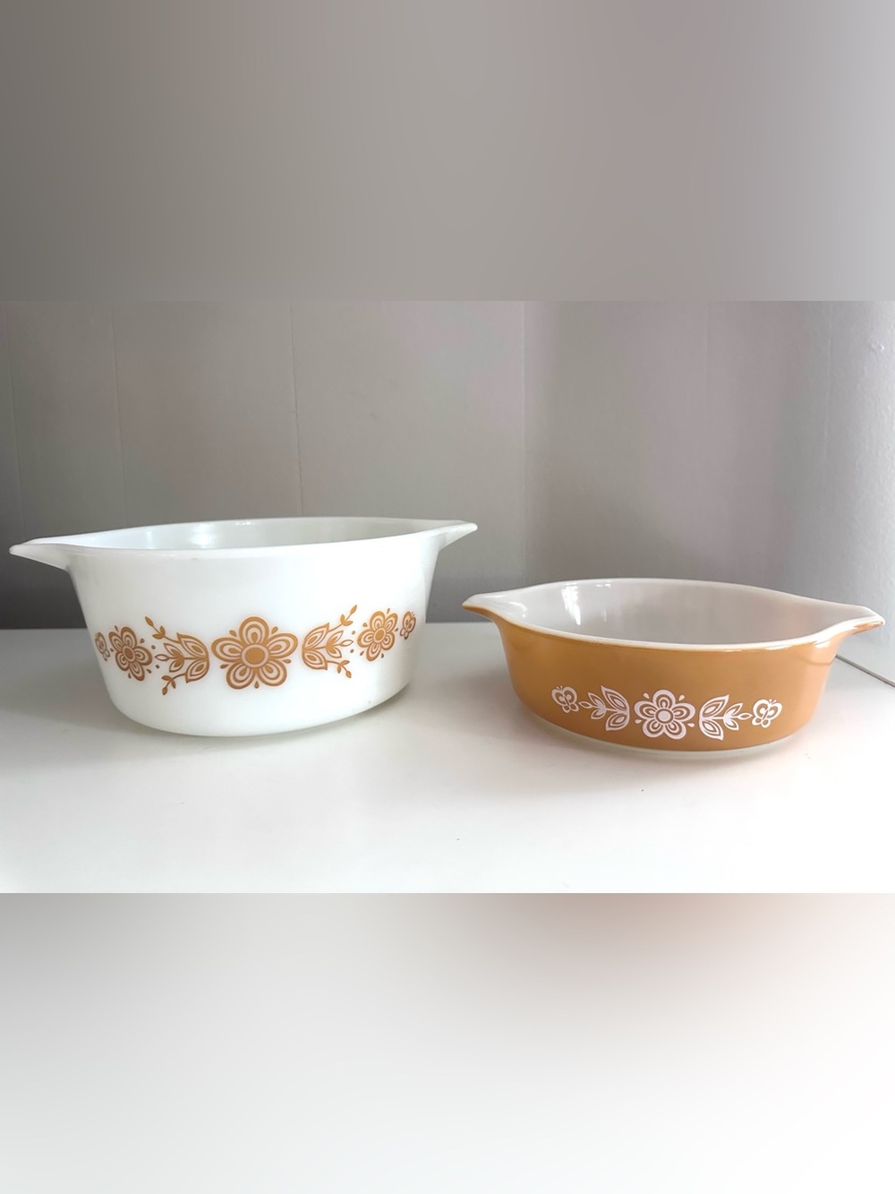 Vintage Pyrex Butterfly Gold Casserole Pair